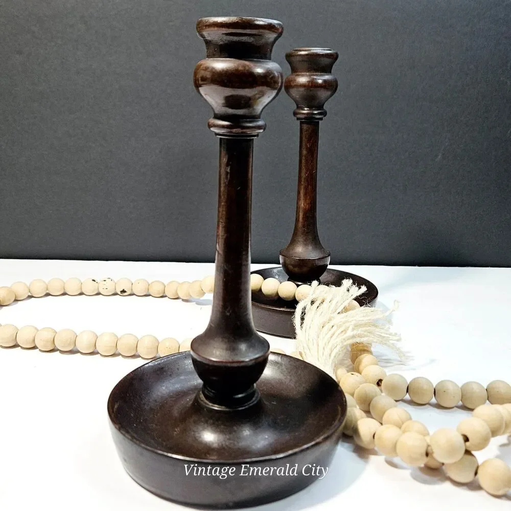 Vtg Candle Holders Turned Wood Set of 2 Brass Inserts Felted Base 9 inch READ